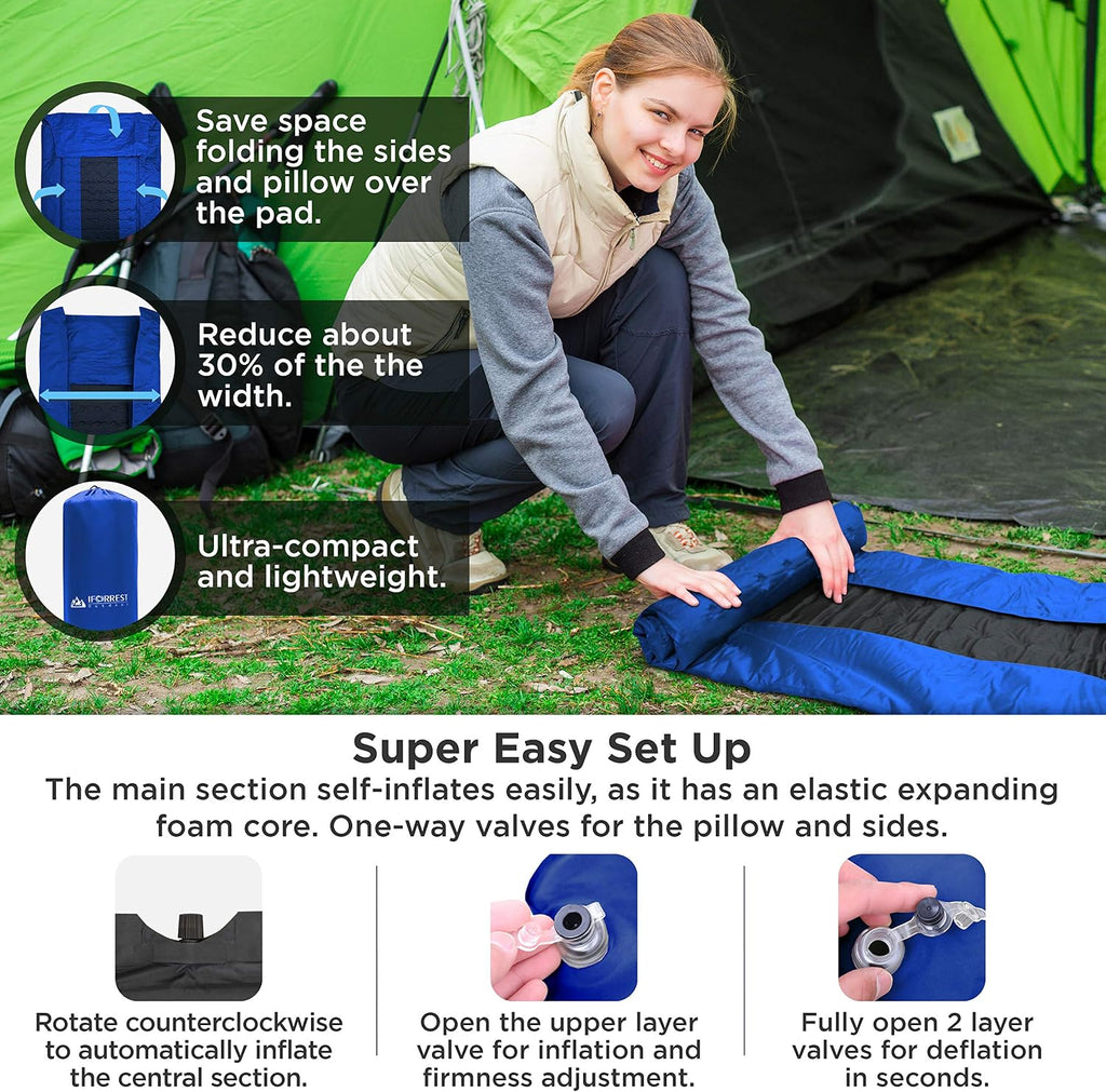 IFORREST Camping Pad with Armrest & Pillow - Self-Inflating Air Mattress, Rollover Protection, Ultra-Comfortable Mat, Lightweight for Tent, Cot, Backpacking(XL)