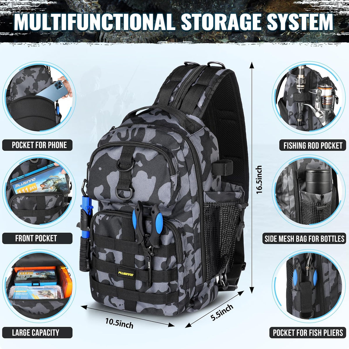 PLUSINNO Fishing Backpack with Fishing Net, Tackle Bag for Fishing Gear