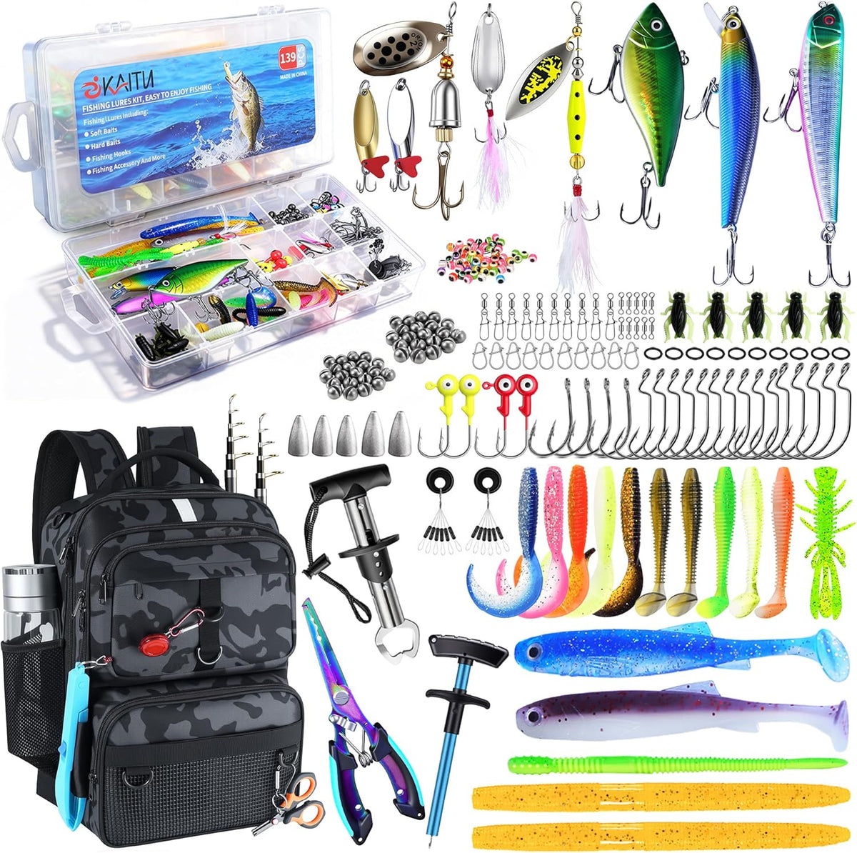 Fishing Backpack with Tackle Boxes and Rod Holder, Fish Lure Kit and Tool