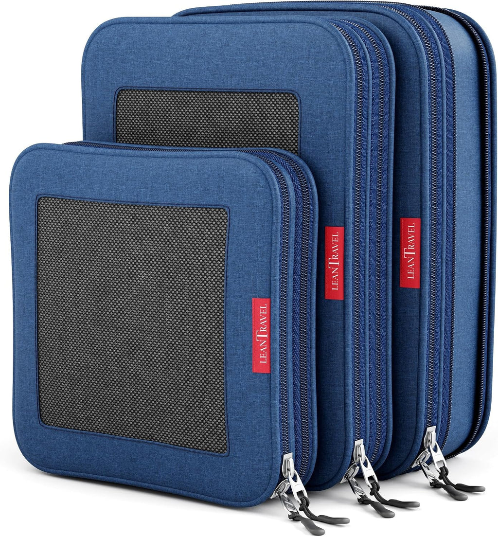 LeanTravel Premium Compression Packing Cubes for Travel - Suitcase Organizer Bags with Double Zipper & Breathable Mesh Panel - Space Saving Carry On Luggage Essentials (6-Pack, Navy Blue)
