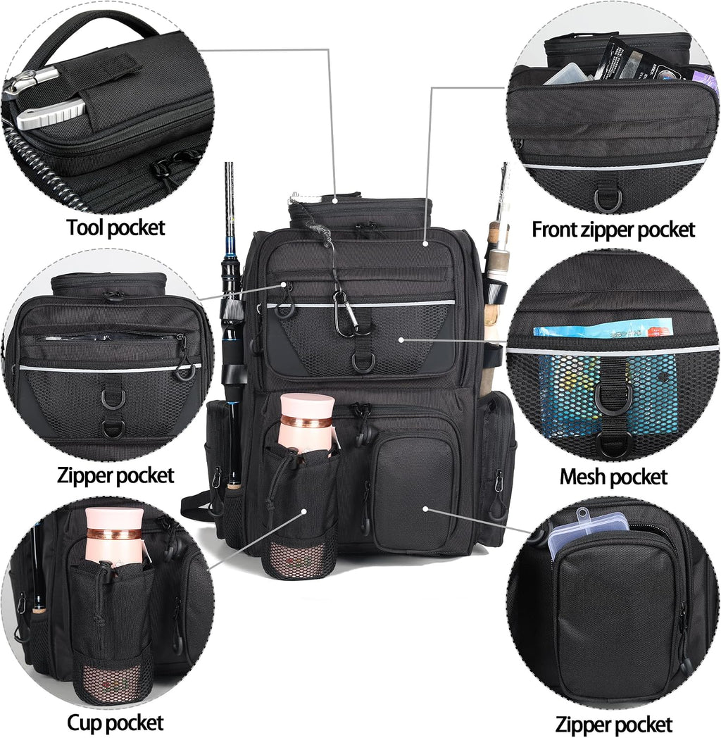 Fishing Tackle Backpack With Rod Holders, Large 40L Fishing Backpack for Camping, Hiking