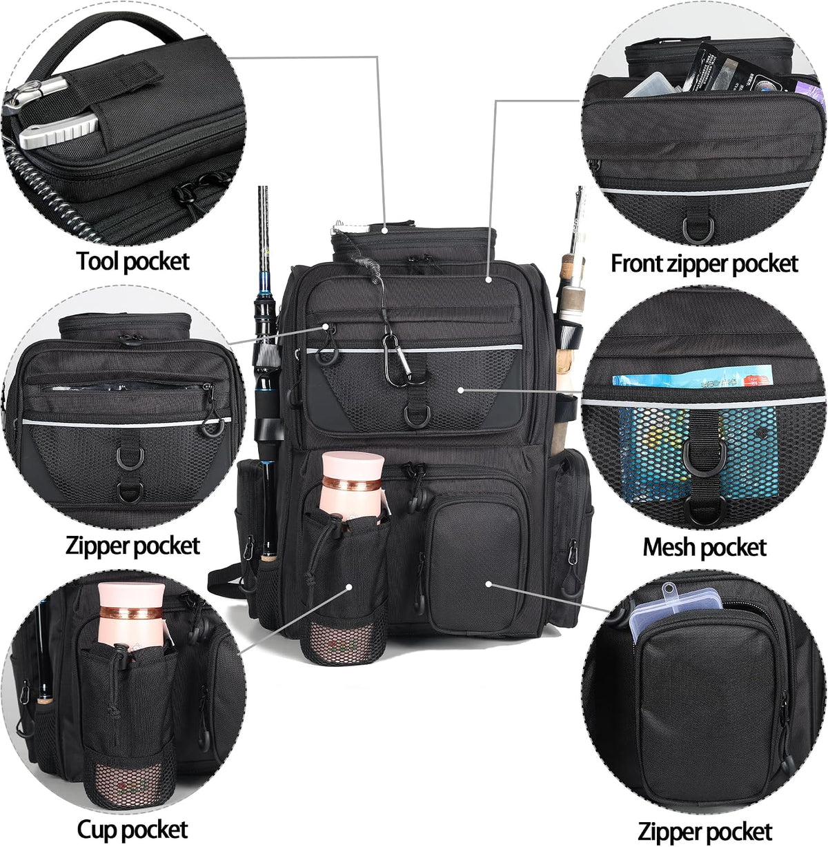 Fishing Tackle Backpack With Rod Holders, Large 40L Fishing Backpack for Camping, Hiking