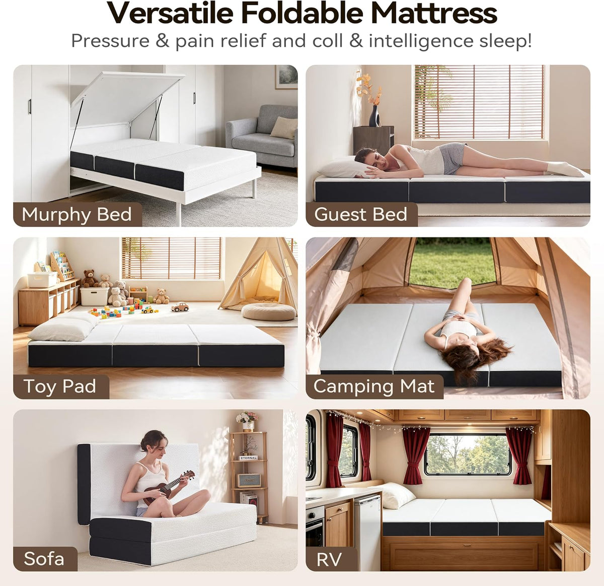 Foldable Mattress Queen – 6 Inch Tri Fold Memory Foam Folding Bed with Washable Cover, Non-Slip Bottom, Portable Floor Mattress for RV, Guest Room, Camping, No Fiberglass Fireproof Core, 78"x58"x6"
