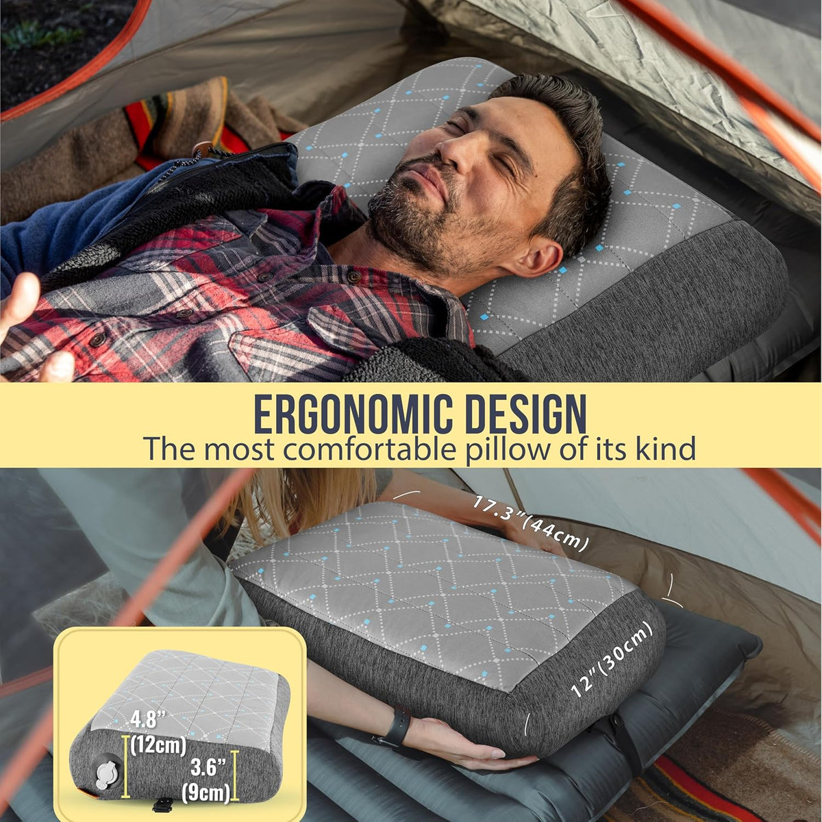 TREKOLOGY ALUFT Pro Inflatable Travel Pillow with Removable Foam-Padded Washable Cover - Quiet Soft-Touch Surface, Adjustable Firmness, Packs Palm-Size for Plane, Car, Camping & Backpacking