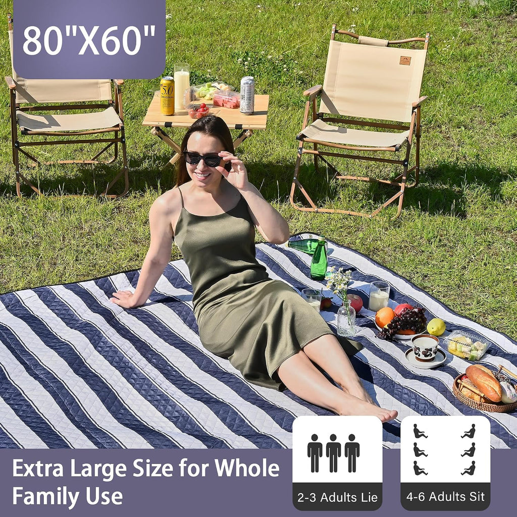 HX&OD Outdoor Picnic Blanket Extra Large, 80''*60'' Waterproof Picnic Mat with Stakes Foldable Camping Blanket Portable with Carry Strap for Beach Mat (Green& White, 80''*60'')