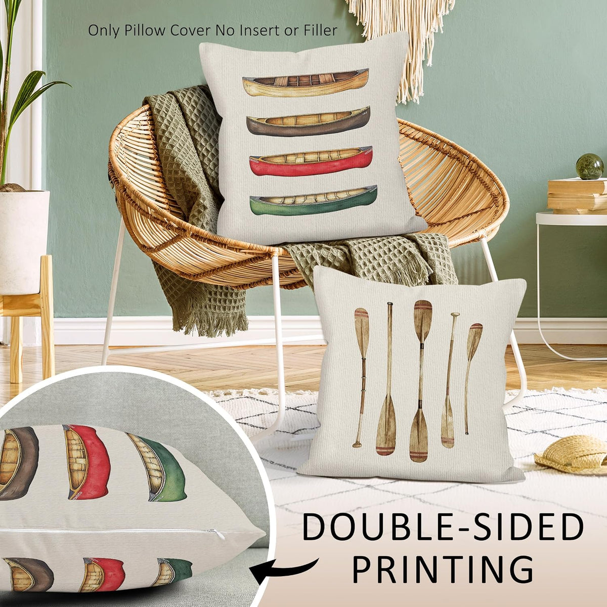 Retro Canoe Paddle Throw Pillow Covers Set of 2, Vintage Paddles Pillow Case Cover for Sofa Couch, Farmhouse Outdoor Boat Cushion Cover Case for Bedroom, Lake House Decor, 18x18 Inch