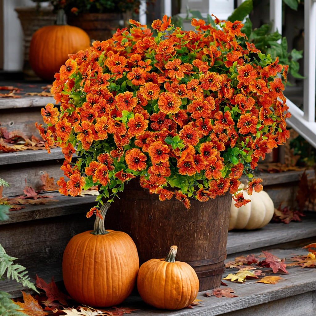 AXYLEX Artificial Mums for Outdoors Fake Fall Flowers Red Orange 16 Pack