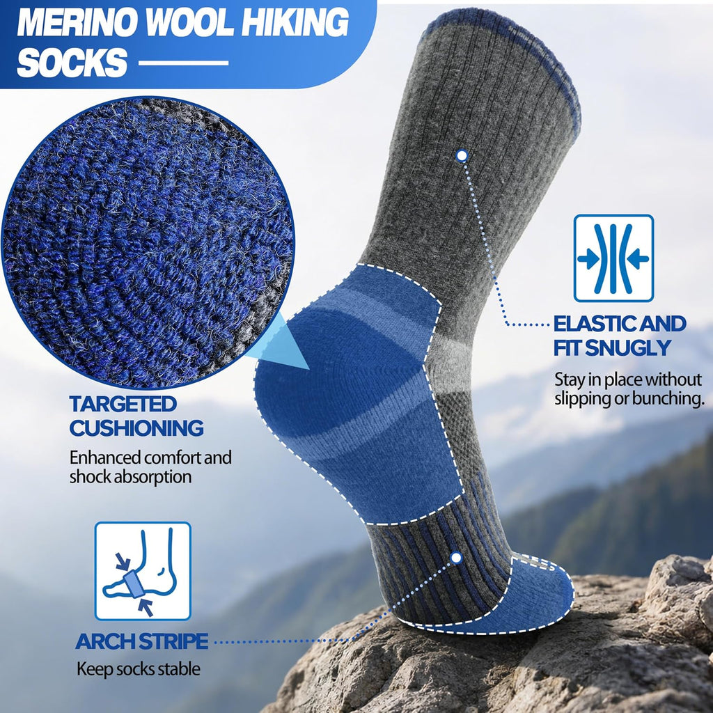 MOGGEI 5 Pairs Merino Wool Hiking Socks Warm Thermal Winter Cozy Cushioned Moisture Wicking Socks for Women & Men
