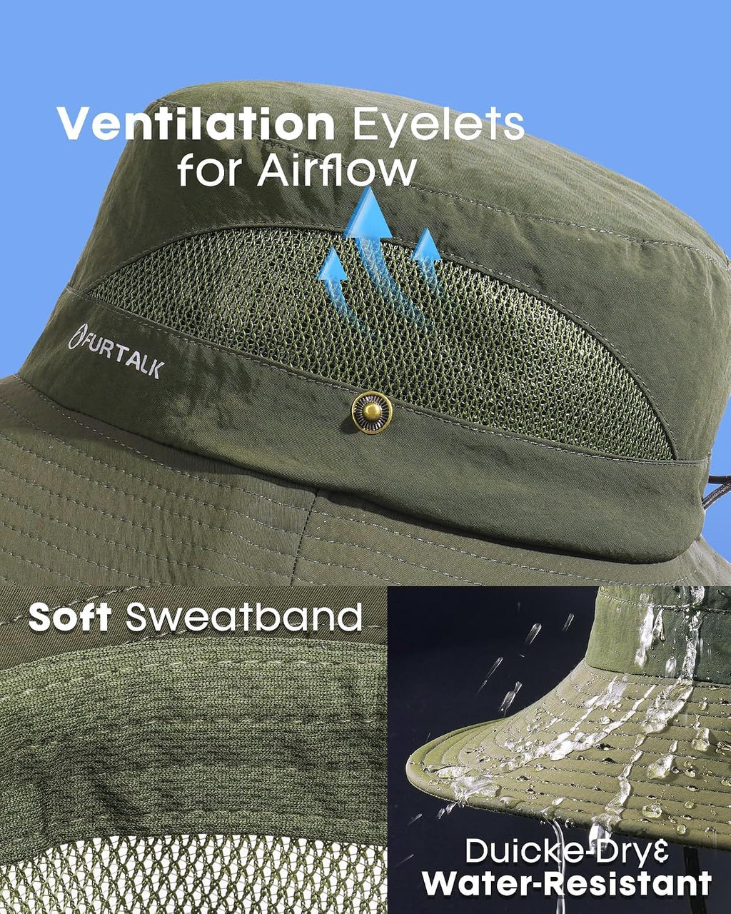 FURTALK Mens Bucket Sun Hat UPF Protection Wide Brim Breathable Fishing Hat
