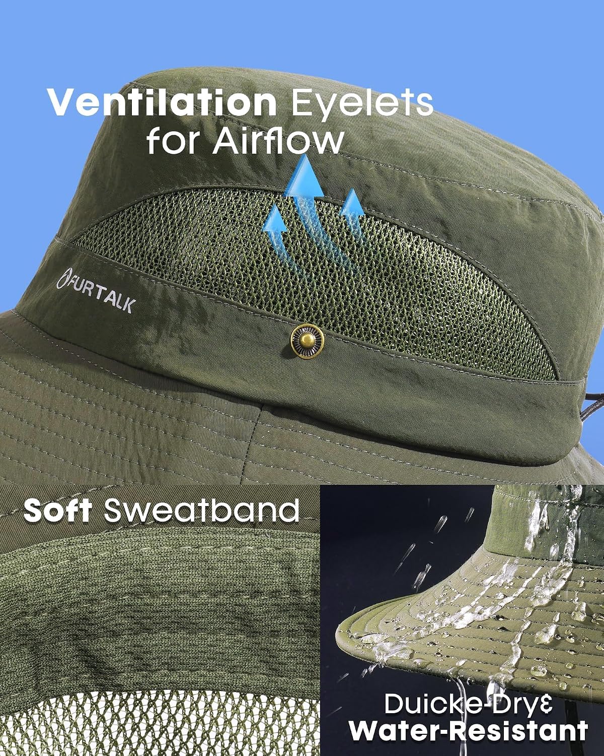 FURTALK Mens Bucket Sun Hat UPF Protection Wide Brim Breathable Fishing Hat