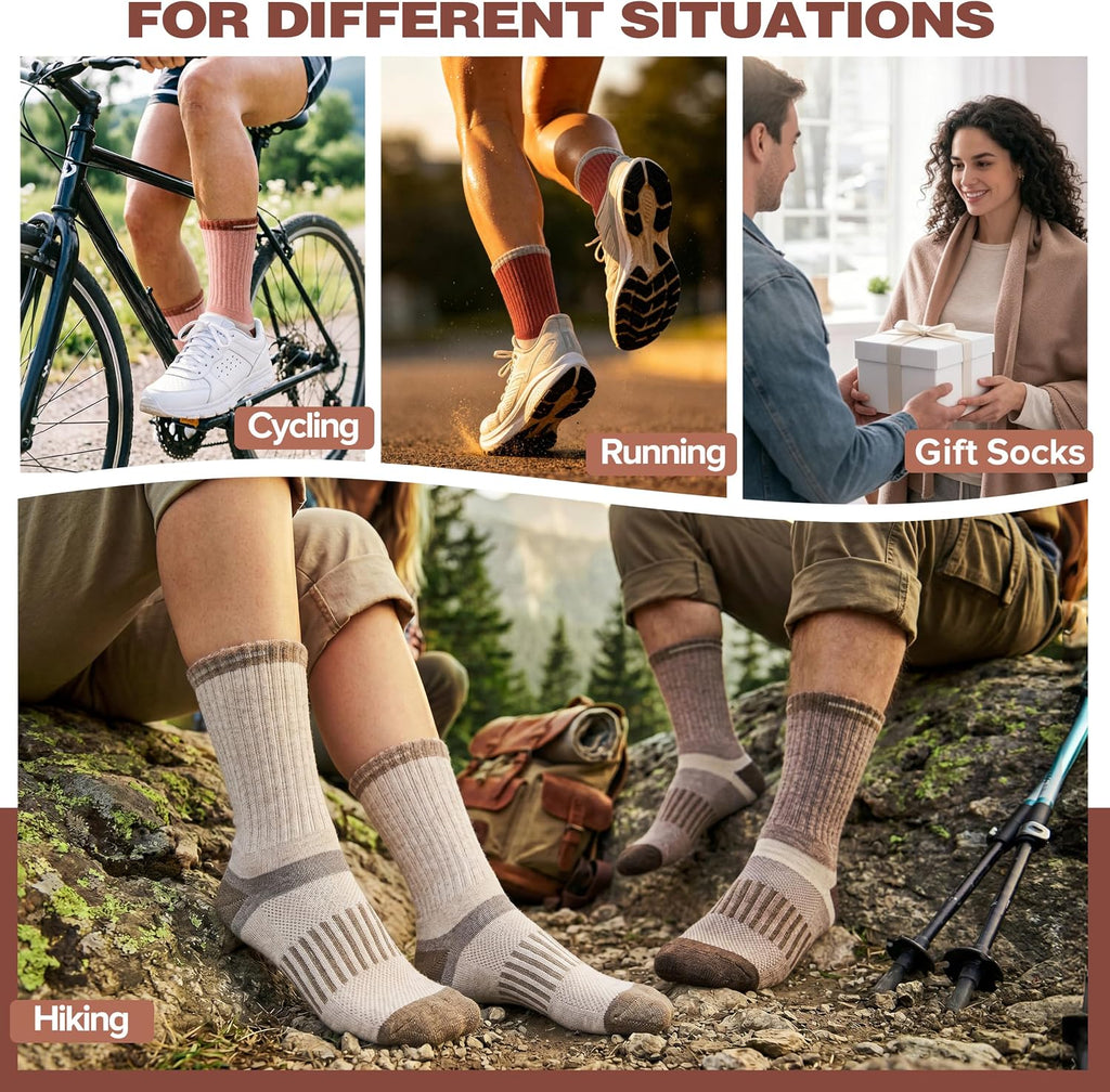 MOGGEI 5 Pairs Merino Wool Hiking Socks Warm Thermal Winter Cozy Cushioned Moisture Wicking Socks for Women & Men