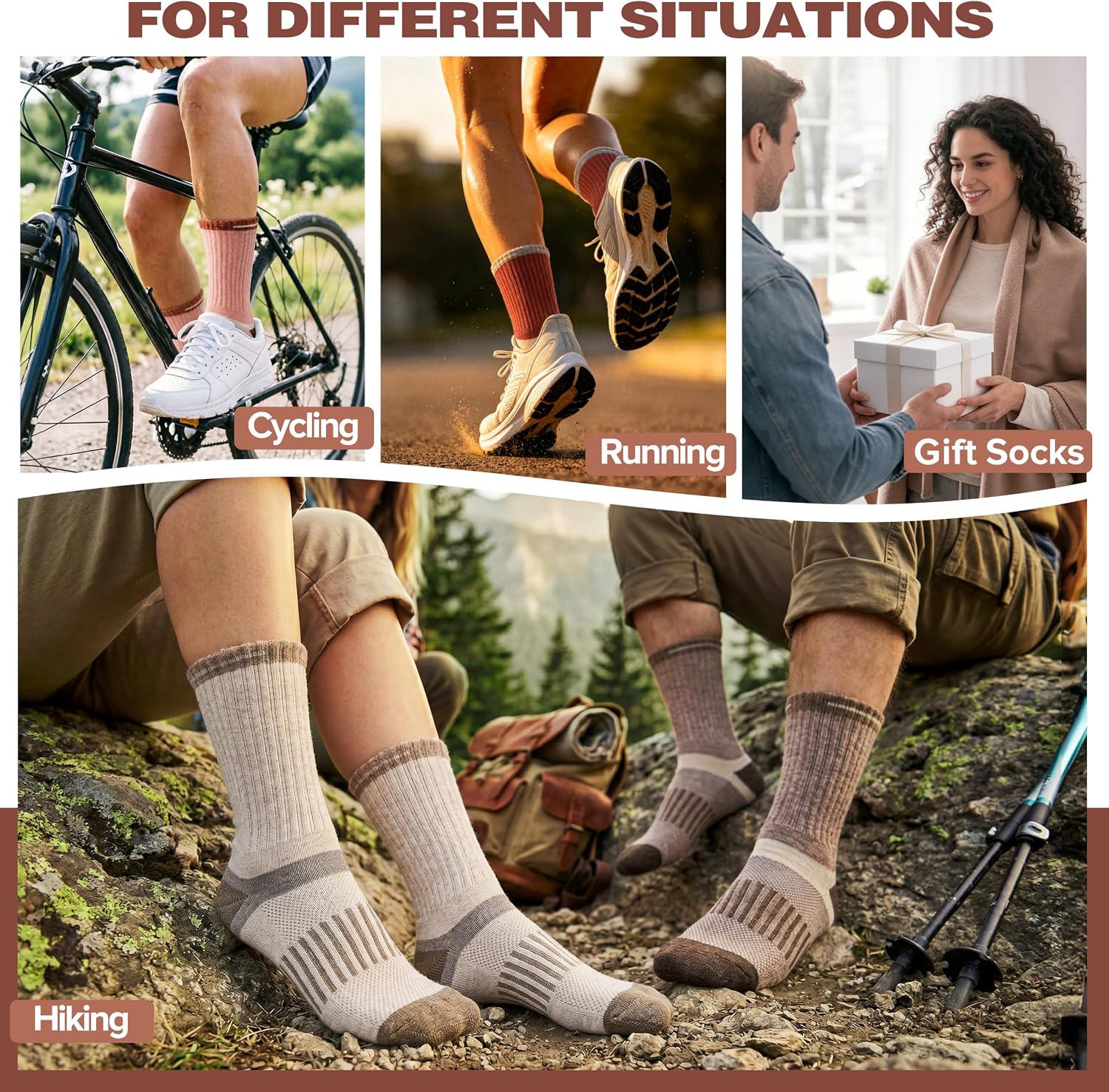 MOGGEI 5 Pairs Merino Wool Hiking Socks Warm Thermal Winter Cozy Cushioned Moisture Wicking Socks for Women & Men
