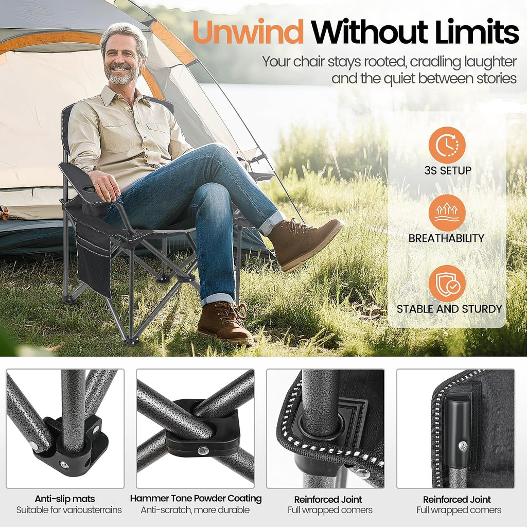 WEIDIORME 2 Pack Heavy Duty Oversized Camping Chair for Adults 400lbs w/Lumbar Support - Folding Chairs with Side Pocket, Cup Holder & Cooler Bag for Beach, Fishing, Lawn, Backyard Black