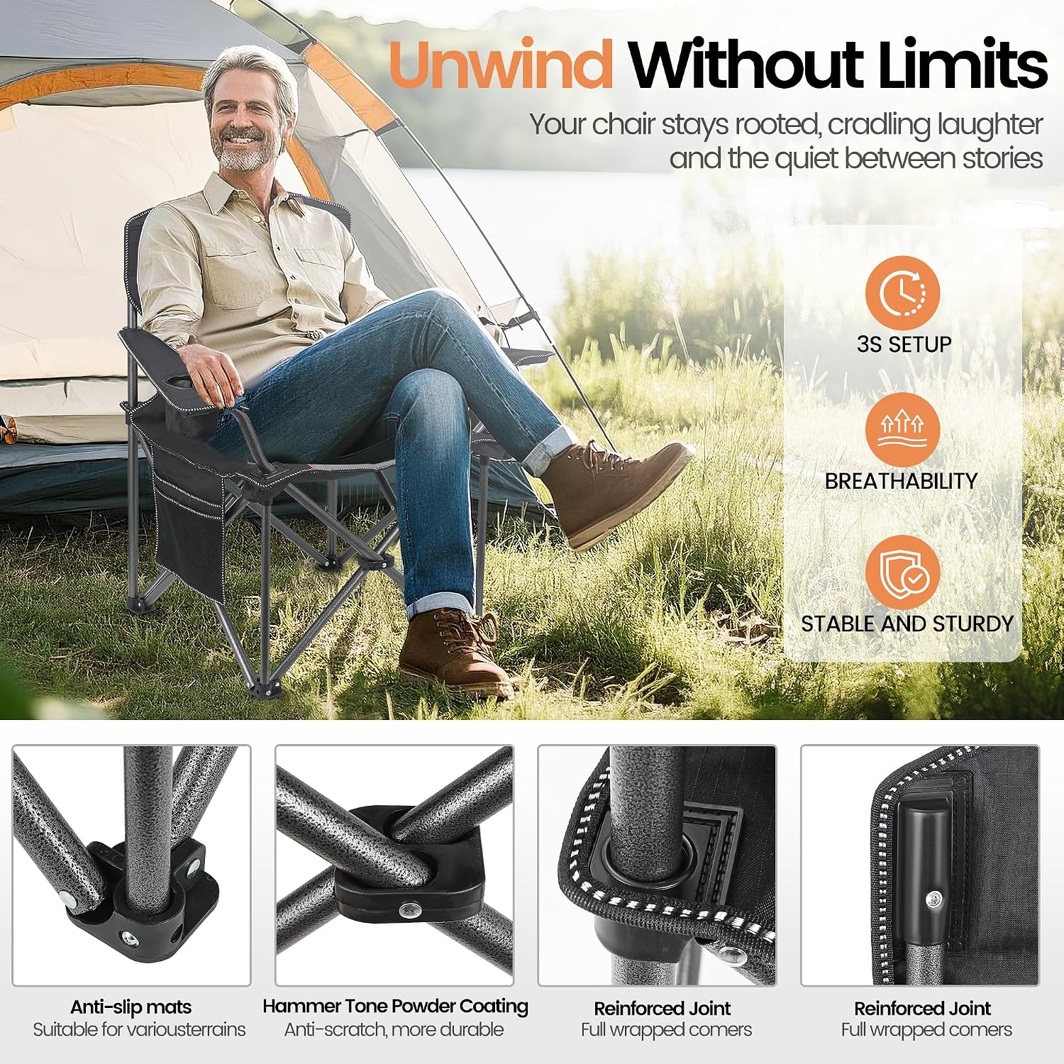 WEIDIORME 2 Pack Heavy Duty Oversized Camping Chair for Adults 400lbs w/Lumbar Support - Folding Chairs with Side Pocket, Cup Holder & Cooler Bag for Beach, Fishing, Lawn, Backyard Black