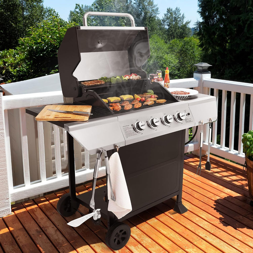 Royal Gourmet 4-Burner Propane Gas Grill with Warming Rack, Black & Silver