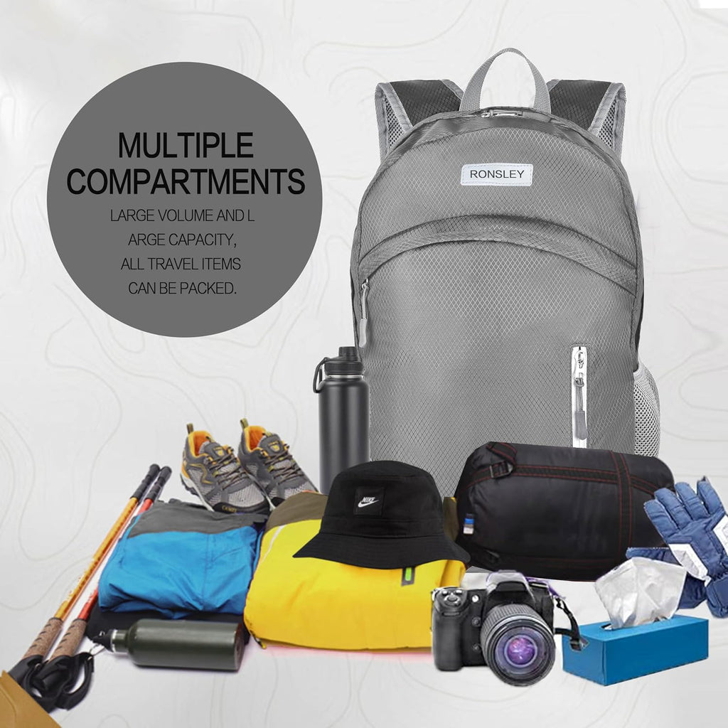 Waterproof Foldable Hiking Backpack, Lightweight Beach Bag Grey