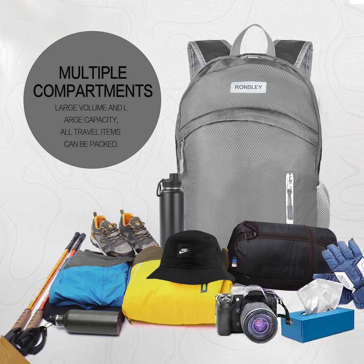 Waterproof Foldable Hiking Backpack, Lightweight Beach Bag Grey