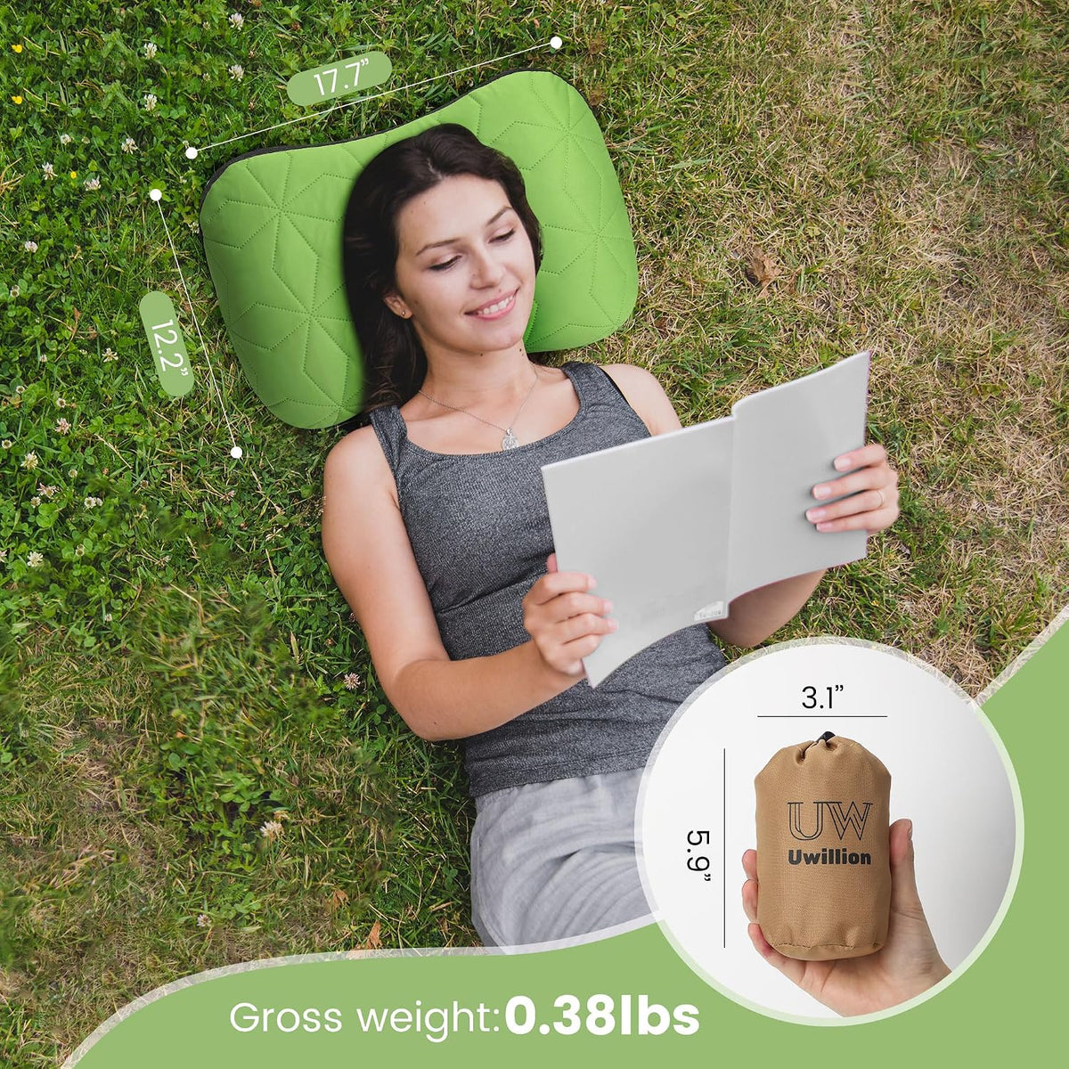 UWILLION Inflatable Camping Pillow with Removable Washable Cover, Ultralight Compact Air Pillow for Backpacking, Hiking, Travel & Camping, Ergonomic Neck and Lumbar Support Blow Up Pillow – Green