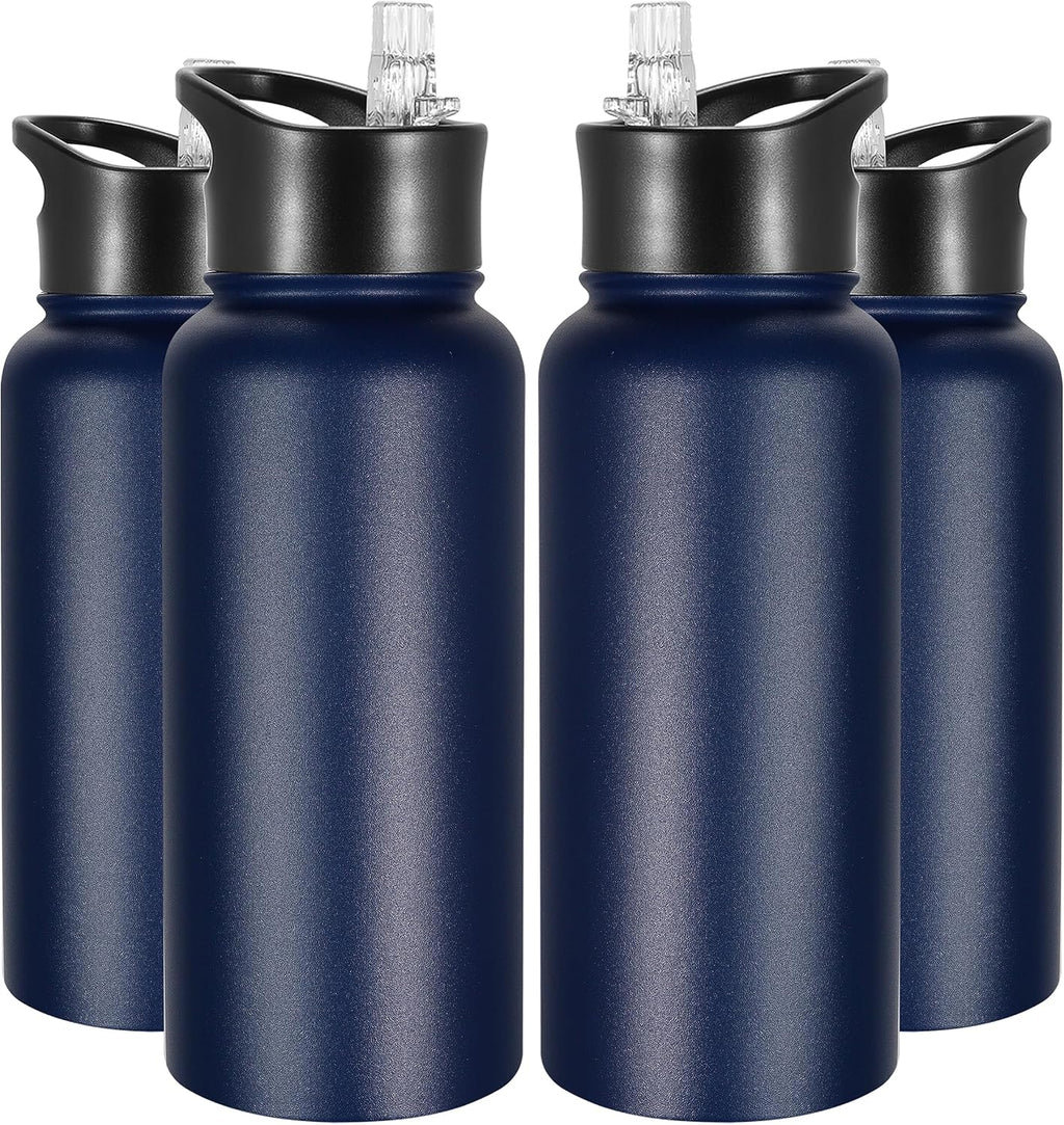 VEGOND 32 oz Insulated Water Bottle Bulk Stainless Steel Metal Water Bottles with Leak Proof Straw Lid & Spout Lid, Wide Mouth Double Walled Vacuum Travel Sports Bottle, 4 Pack