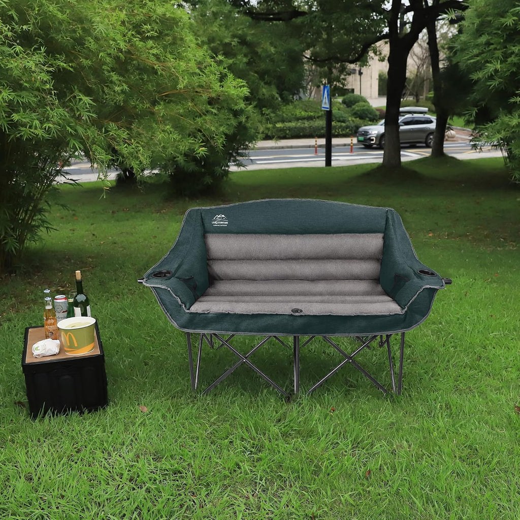 Fully Padded Folding Double Camping Chairs,Comfy Oversized Loveseat Lawn Chair w/Wine Glass Holder,Cup Holder,Heavy Duty Outdoor Portable Camp Couch Support 600 Lbs,Dark Green