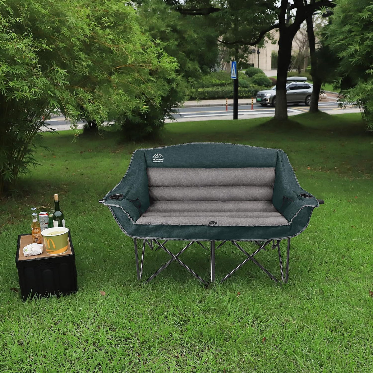 Fully Padded Folding Double Camping Chairs,Comfy Oversized Loveseat Lawn Chair w/Wine Glass Holder,Cup Holder,Heavy Duty Outdoor Portable Camp Couch Support 600 Lbs,Dark Green