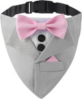 Formal Tuxedo Suit Dog Collar, Wedding Graduation Costume Make-up Pet Supplies, Tux Light Gray Bandana with Pink Bowtie (L)