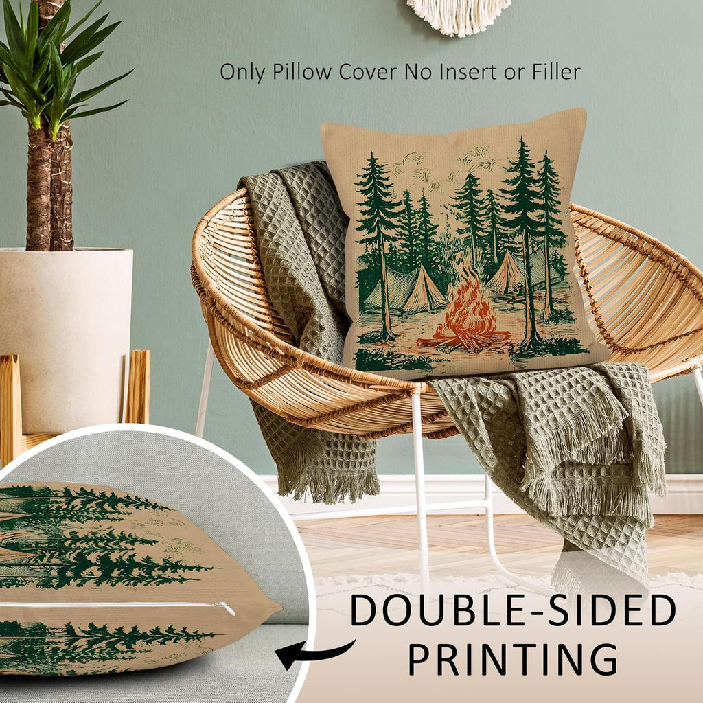 Rustic Camping Forest Throw Pillow Covers, Vintage Camper Pillow Case Cover for Couch, Campfire Square Pillowcase, Retro Camping Decor Cushion Cover Case for Bedroom Living Room, 18x18 in