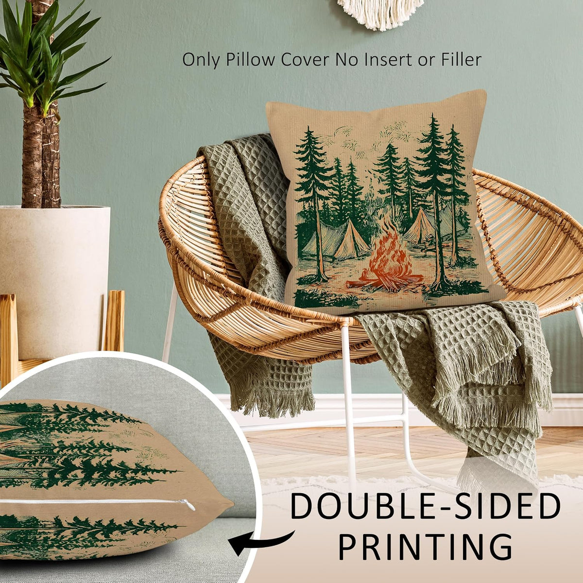 Rustic Camping Forest Throw Pillow Covers, Vintage Camper Pillow Case Cover for Couch, Campfire Square Pillowcase, Retro Camping Decor Cushion Cover Case for Bedroom Living Room, 18x18 in