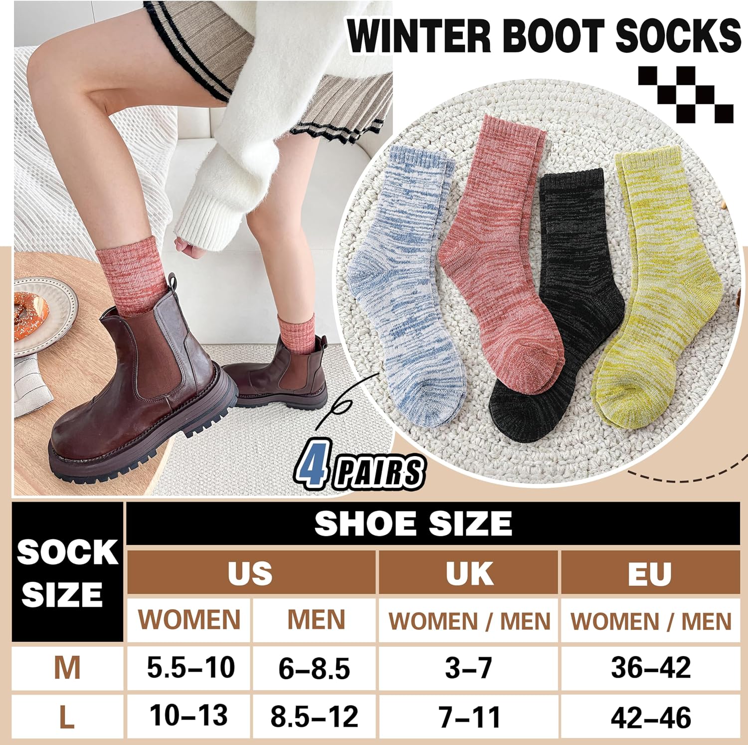 EBMORE Merino Wool Thermal Warm Winter Socks for Women Men