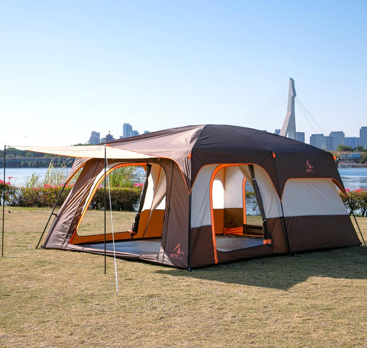 KTT Extra Large Tent 8-10-12-14 Person(A),Family Cabin Tents,2 Rooms,3 Doors and 3 Windows with Mesh,Straight Wall,Waterproof,Double Layer,Big Tent for Outdoor,Picnic,Camping,Family Gathering