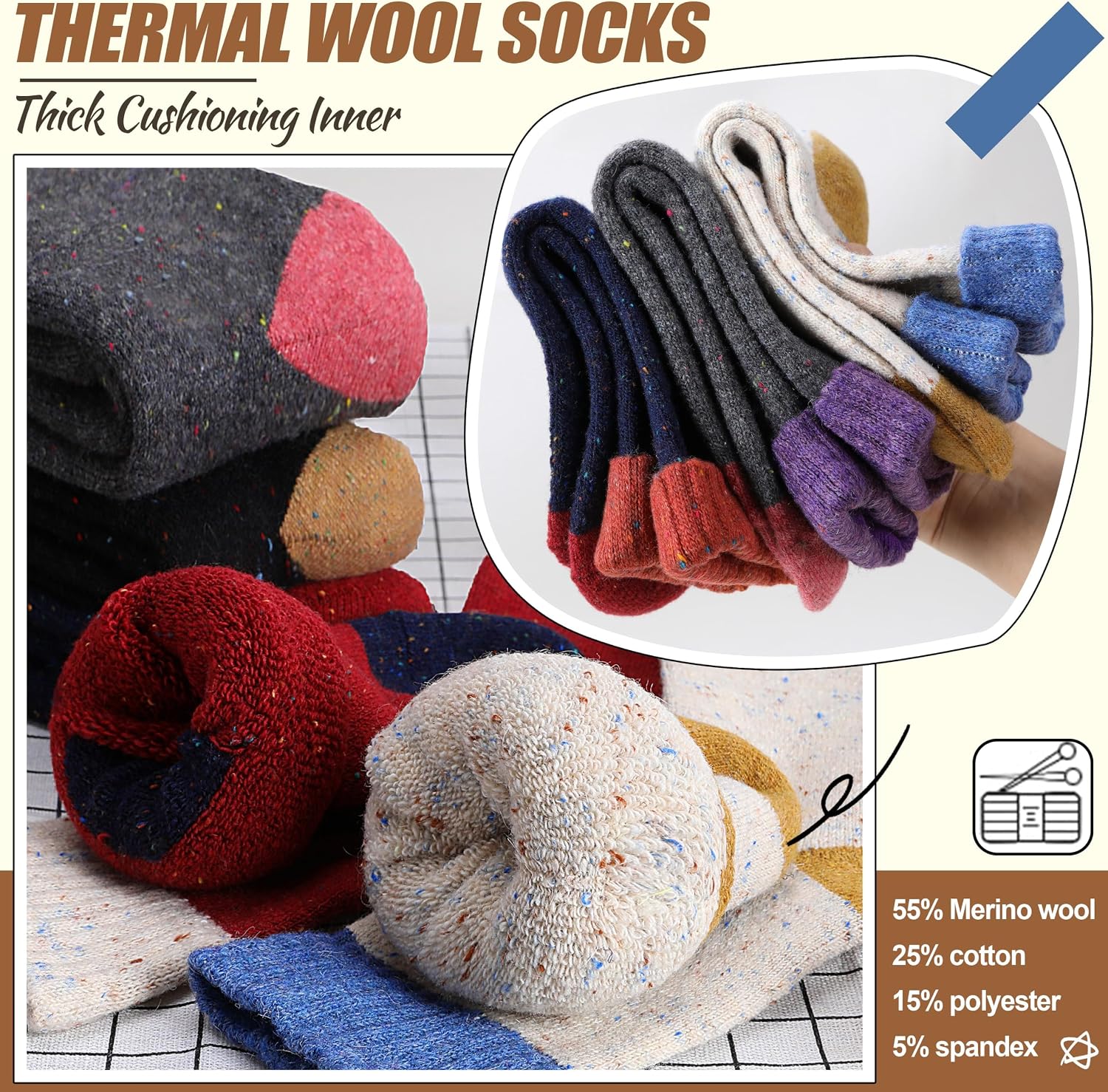 EBMORE 5 Pairs Women Merino Wool Boot Socks Warm Thermal Winter Thick Hiking Cozy Cabin Crew Comfy Socks for Ladies
