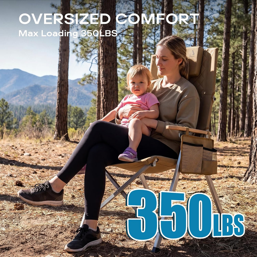 Reclining Camping Chair, Heavy Duty Folding Chairs with 4-Stage Adjustable High Back for Adults, Compact Foldable Outdoor Patio Reclining Chair with Storage Bag (Khaki, 2 Pack)