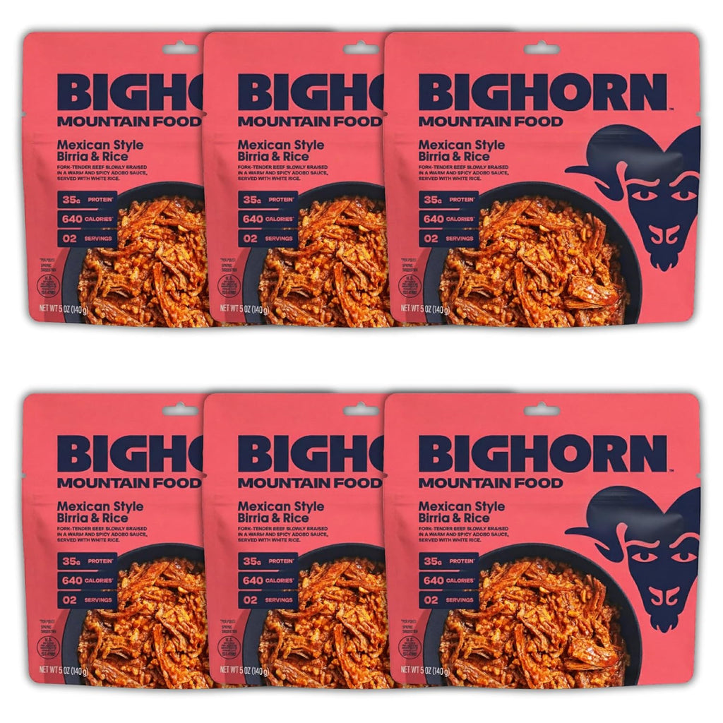 BIGHORN Mountain Food Mexican Style Birria and Rice - contains 6 packs | 12 servings | 210g Protein | 3,840 Calories - premium freeze dried meals for backpacking food - dehydrated camping food for backpacking meal - just add water - great taste