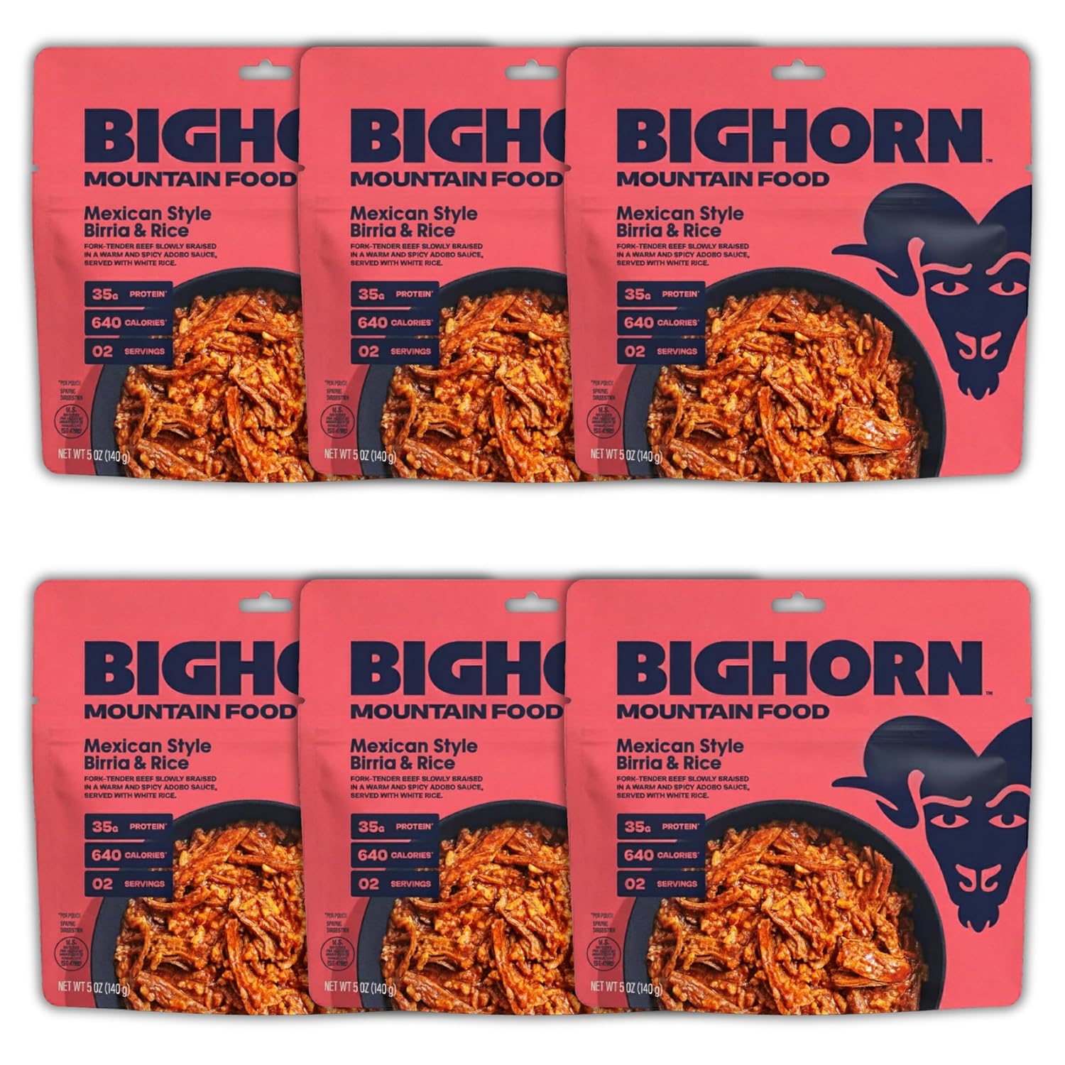 BIGHORN Mountain Food Mexican Style Birria and Rice - contains 6 packs | 12 servings | 210g Protein | 3,840 Calories - premium freeze dried meals for backpacking food - dehydrated camping food for backpacking meal - just add water - great taste