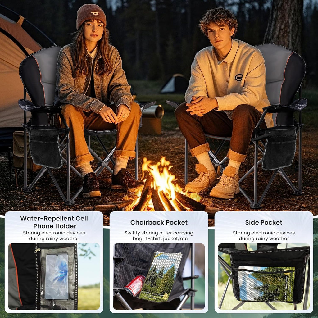 2 Pack Folding Camping Chairs for Adults - High Back Padded Outdoor Lawn Chairs with Lumbar Support & Cup Holder, 500lbs Heavy Duty Portable Camping Chairs Set (Black & Gray, 2 PCS)