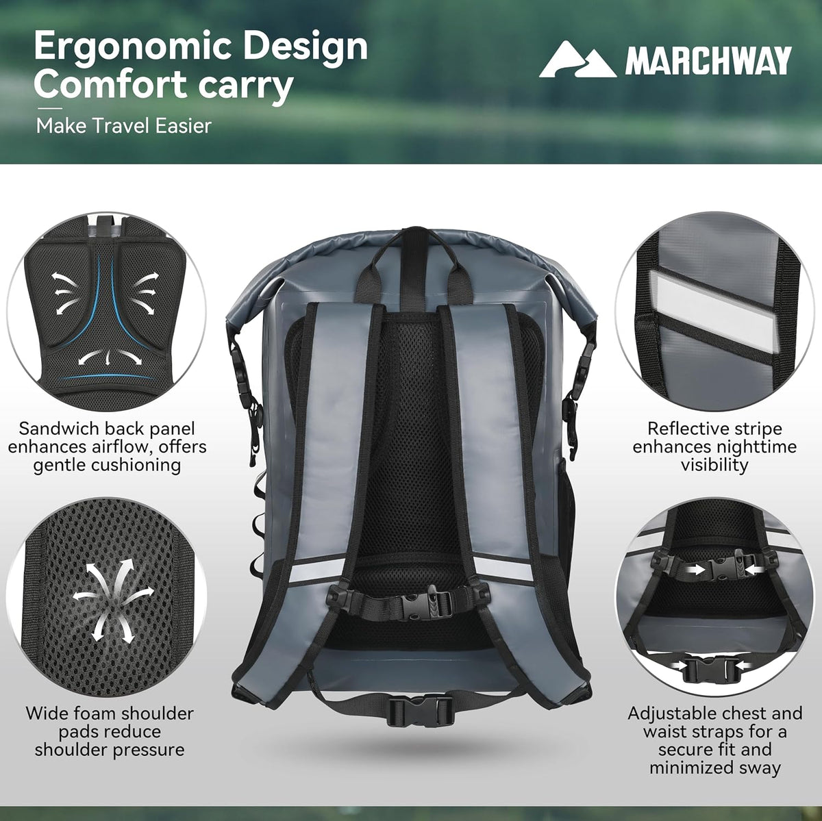 MARCHWAY Roll Top Waterproof Backpack, Floating Dry Bag 20L/30L/45L with Ergonomic Rectangular Base, Cushioned Back, Hip Strap for Hiking Camping Kayaking Travel (Grey, 20L)