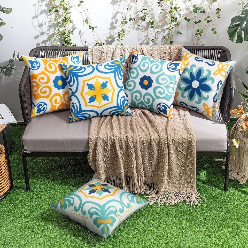 Pyonic Outdoor Waterproof Throw Pillow Covers Set of 4 Floral Printed and Boho Farmhouse Summer Outdoor Pillow Covers for Patio Funiture Garden 18x18 Inch Blue