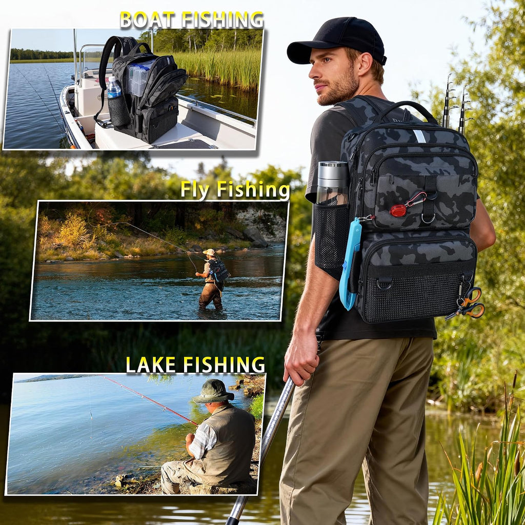 Fishing Backpack with Tackle Boxes and Rod Holder, Fish Lure Kit and Tool