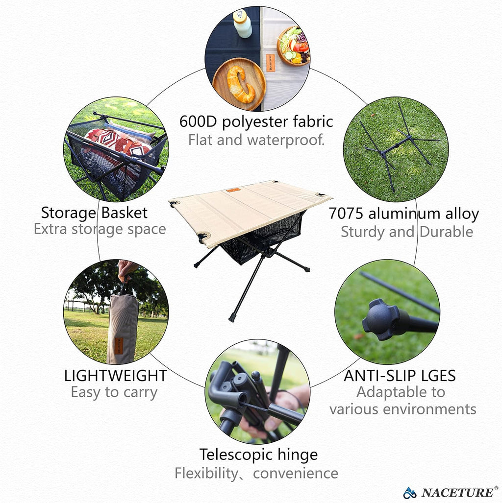 NACETURE Camping Table with Folding Legs and Mesh Storage Basket for Food, Coffee, or Camp Grill Accessories, Lightweight and Portable for Outdoor, Backpacking, Hiking, and Travel