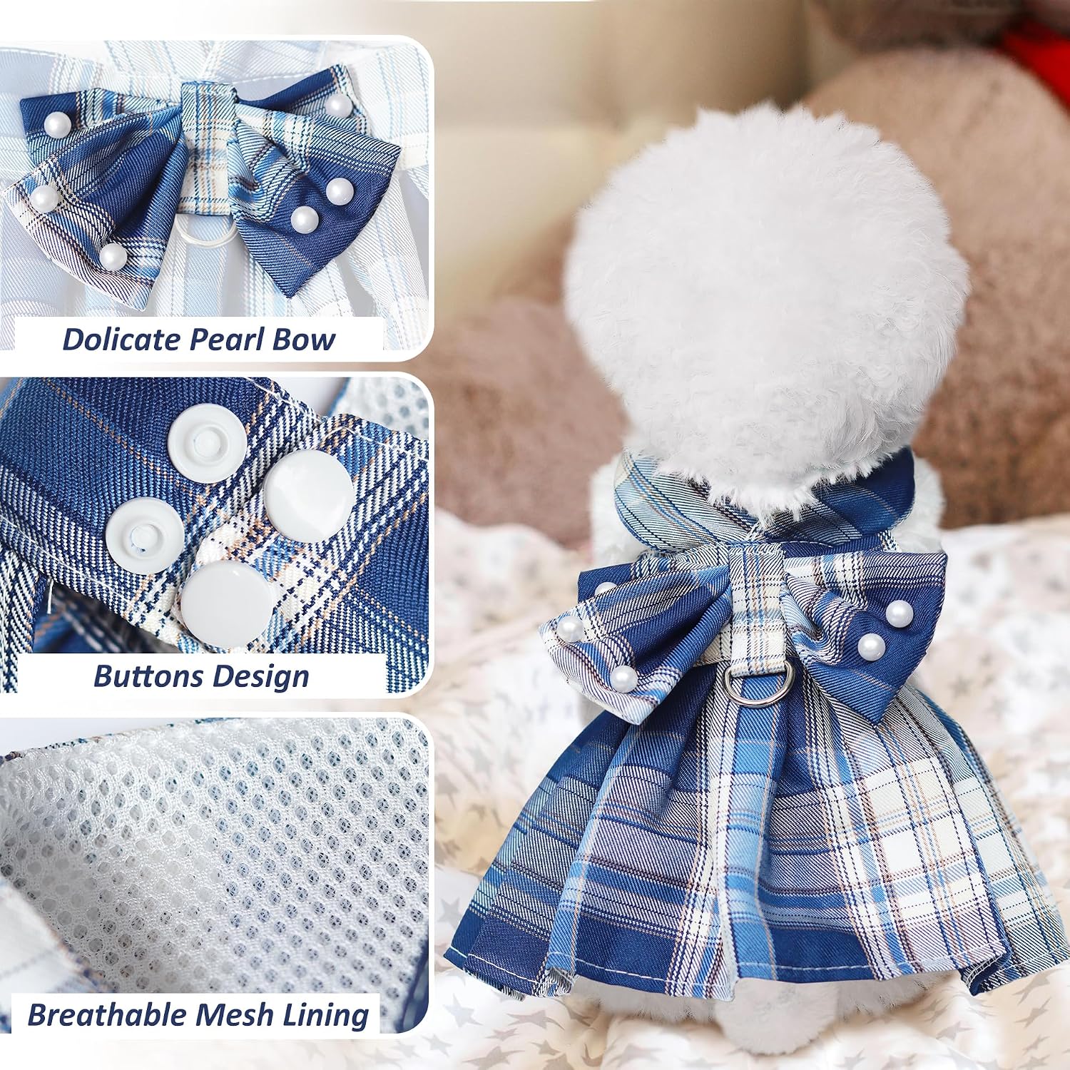 Dog Dress Bowknot Harness Leash Set for Small Dogs Girl Cute Plaid Dog Dress Pearls Bow Tie Spring Summer Princess Clothes Birthday Holiday Doggie Outfits for Puppy Cats Girl Apparel (Red, Small)