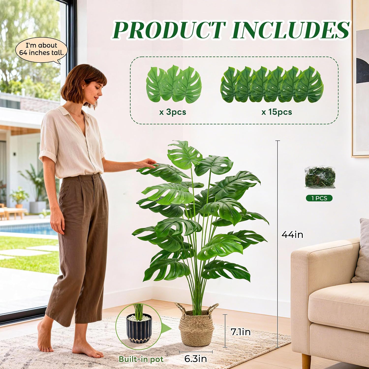 Der Rose 44" Tall Fake Plants, Artificial Tree in Round Basket Home Decor