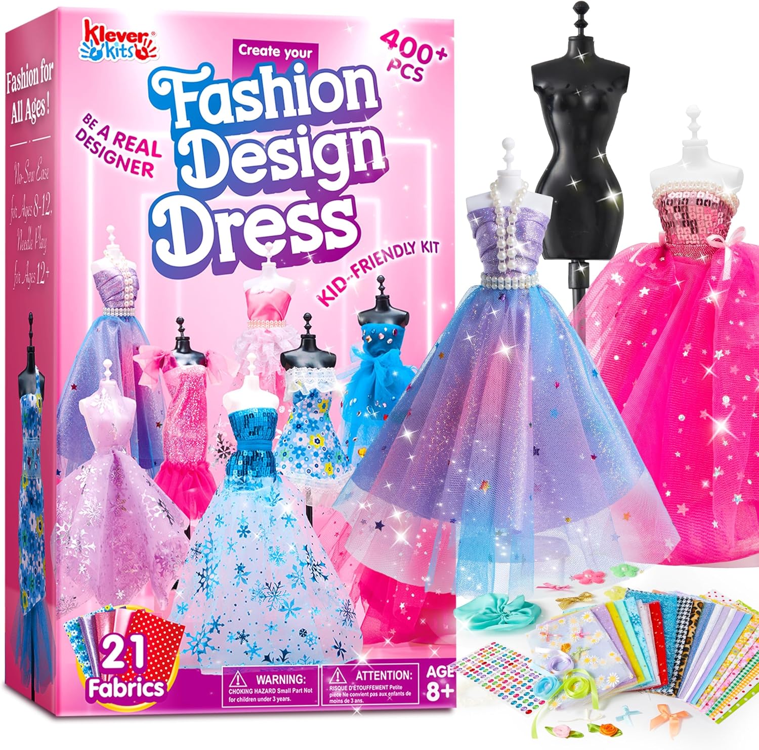 Klever Kits 400+PCS Fashion Design Crafts for Kids, Art and Crafts, DIY Sewing Kits with 3 Mannequins for Girls Aged 8-12, Toys for Kids, Birthday Presents, Doll Clothes