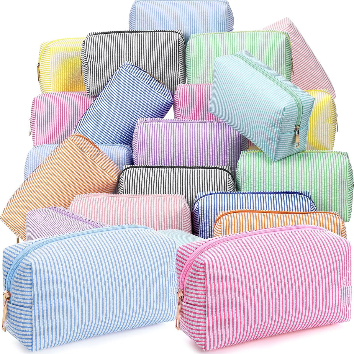 Sanwuta 20 Pcs Seersucker Cosmetic Bags Bulk, Striped Zippered,Bright