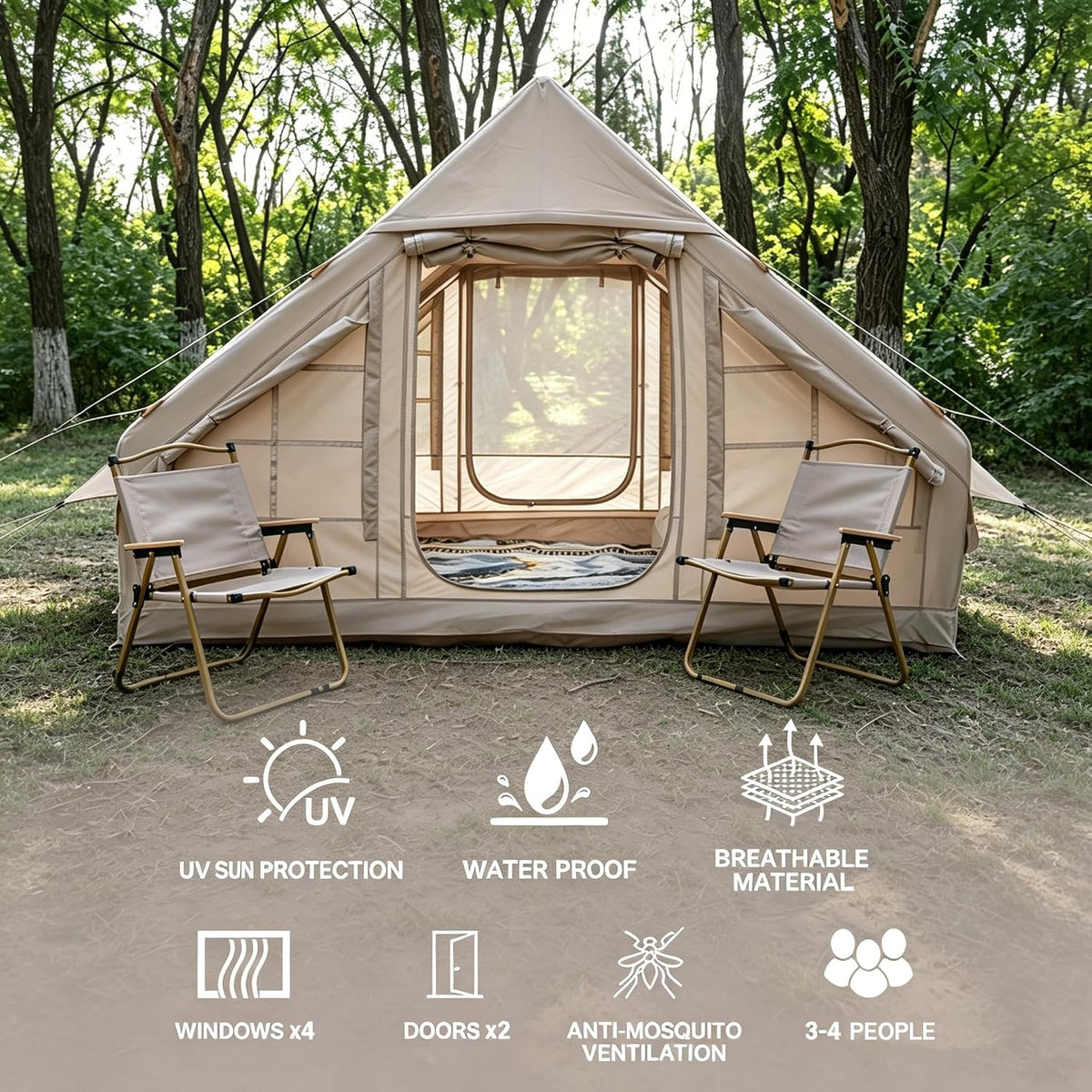 4-Person Inflatable Camping Glamping Tent, 9.8'x6.9' 6.6ft Height