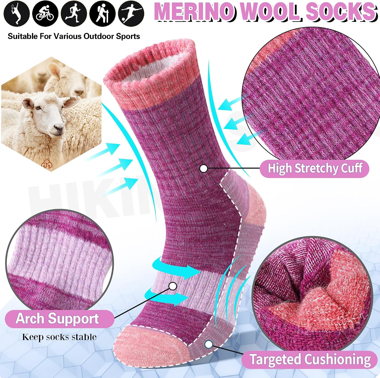 Merino Wool Hiking Socks Thermal Warm Winter Cozy Cushioned Moisture Wicking Crew Socks for Women 5 Pairs
