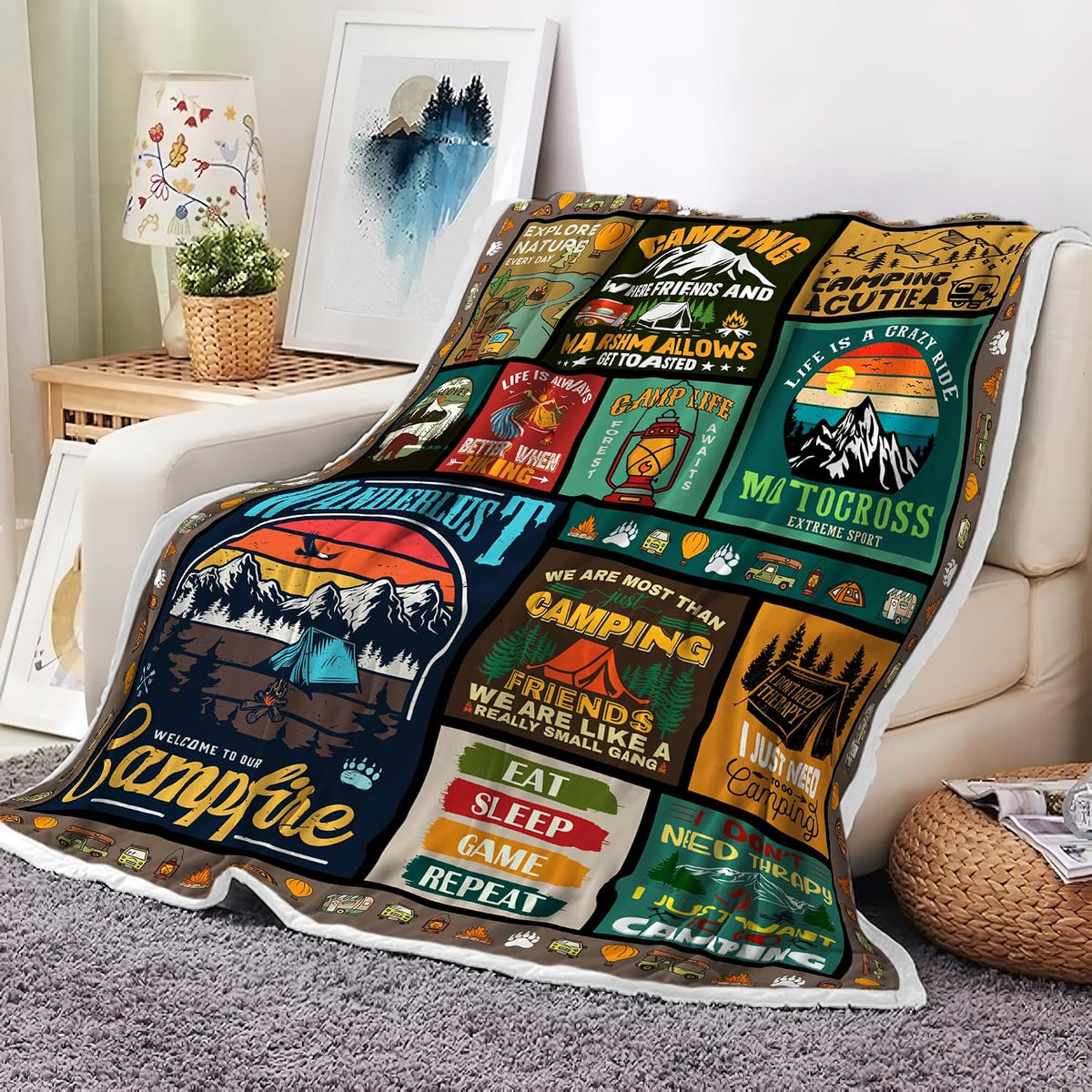 Camping Blanket, Camping Lovers Gift Ideas for Men or Woman, Super Soft Flannel Blankets Gifts for Bed Camper Outdoor, Campsite Outdoors RV Travel Hiking Sofa Couch Throw Blanket