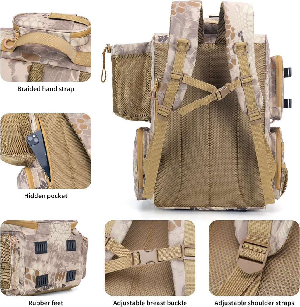 Rabjen Fishing Tackle Backpack with Rod Holders, Bottle Holder, Storage Bag Store Fishing Gear