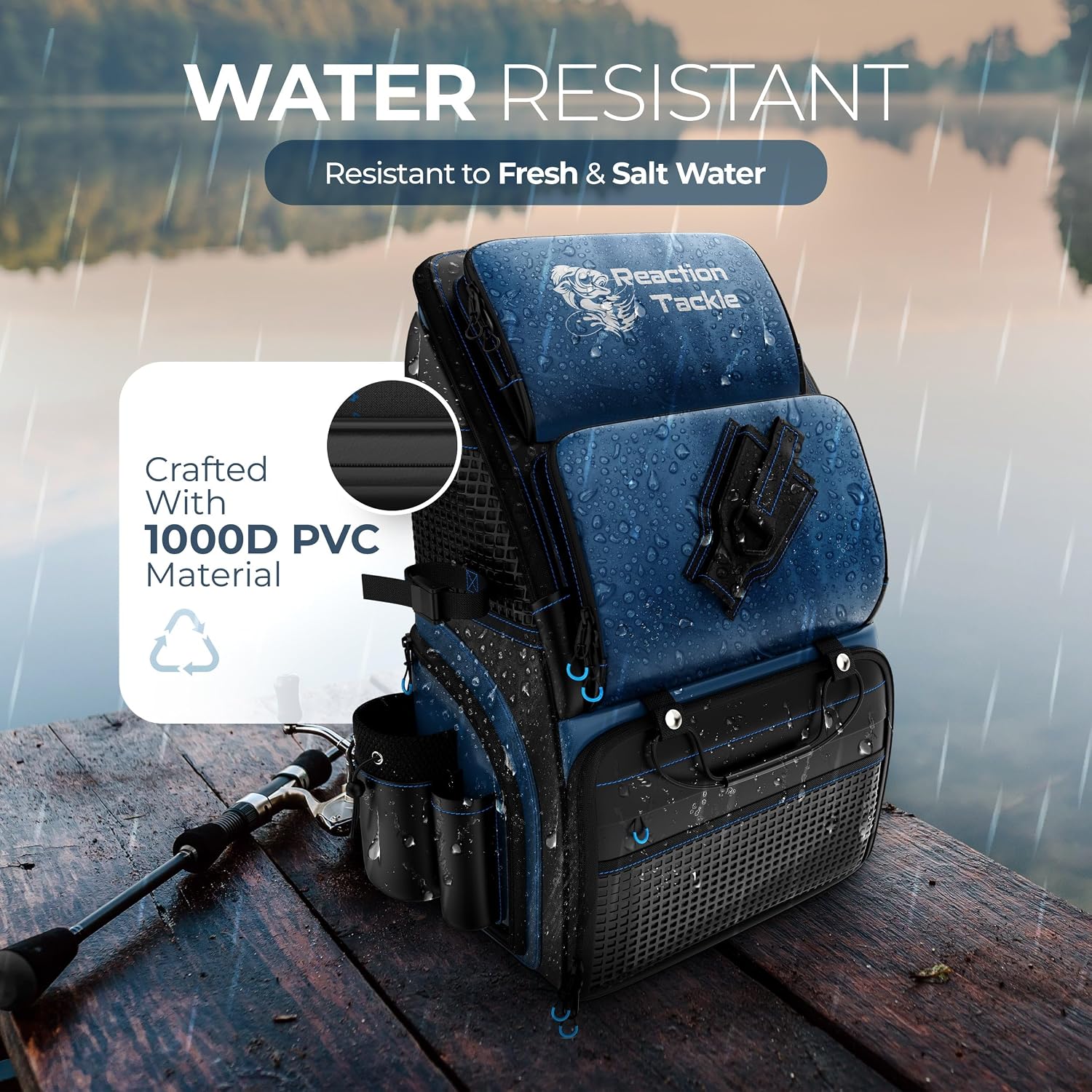Reaction Tackle Saltwater Fishing Tackle Bags, Water Resistant 1000D PVC Tackle Box Bag with Removable Dividers, Fits 3600 and 3700 Trays, Backpack