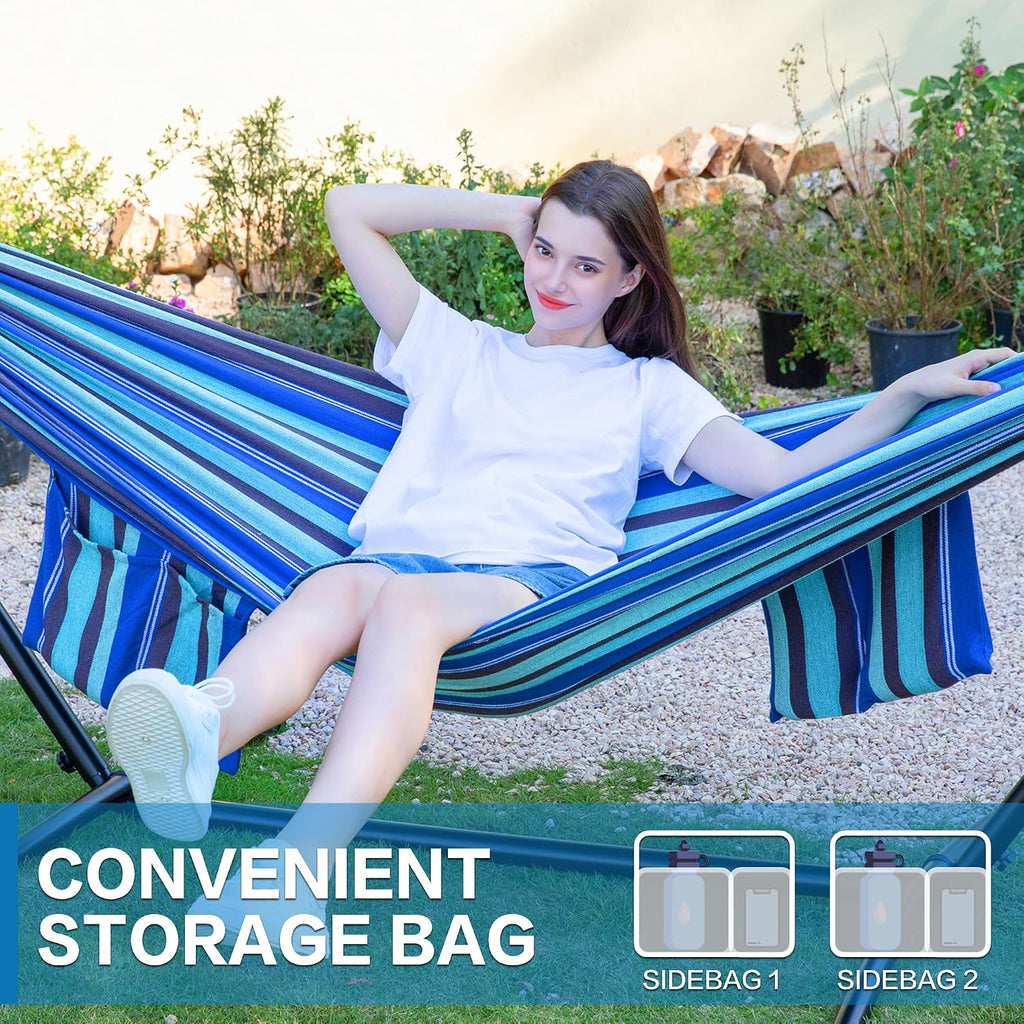 Double Hammock with Stand for Outside, Heavy-Duty, Portable (Blue Lagoon)