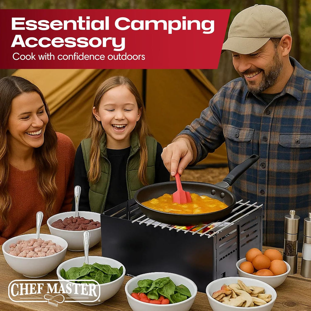 Chef Master Butane Stove Cover - Universal Fit for Any Standard Size - Premium Black Steel Collapsible Camp Wind Guard - Camping Windscreen & Grill Wind Blocker Panel - Outdoor Cooking Accessory 90278